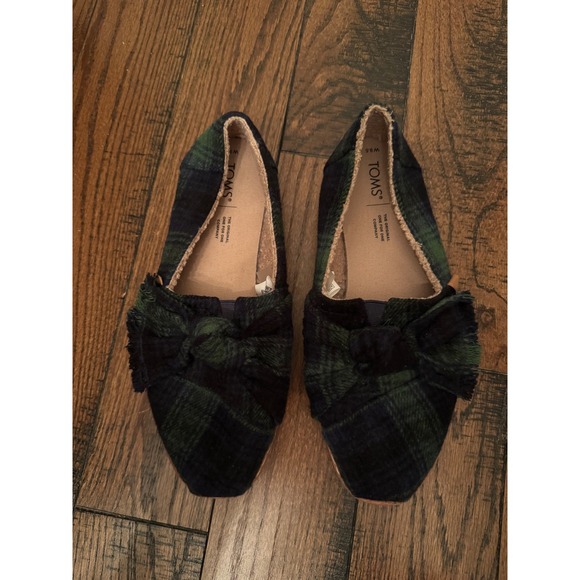 TOMS Women's Plaid Lined Slippers Flats Bow Detail Green Black Size 9.5 - Picture 2 of 7
